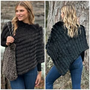 Black Rivet Black Ribbed Rabbit Fur Poncho Shawl Cape